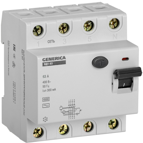 Выключатель дифференциального тока УЗО IEK GENERICA ВД1-63 4п 63А 300мА 4,5,кА тип AC картинка