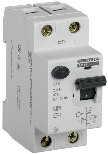 Выключатель дифференциального тока УЗО IEK GENERICA ВД1-63 2п 63А 100мА 4,5,кА тип AC картинка