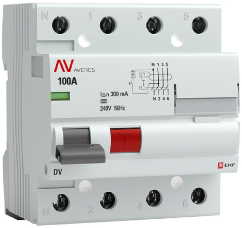 Выключатель дифференциального тока УЗО EKF Averes DV 4п 100А 300мА 10кА тип AC-S картинка