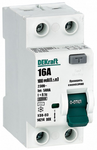 Выключатель дифференциального тока УЗО DeKraft УЗО-03 2п 16А 100мА 6,0кА тип A картинка