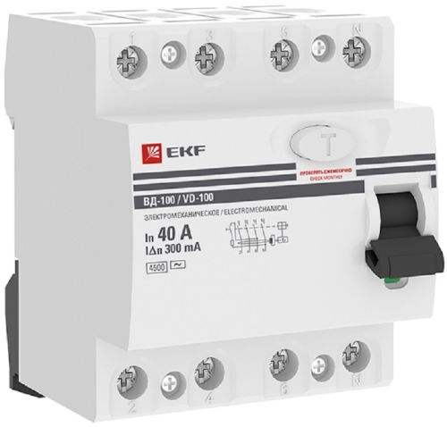 Выключатель дифференциального тока УЗО EKF PROxima ВД-100 4п 40А 300мА 4,5,кА тип AC картинка