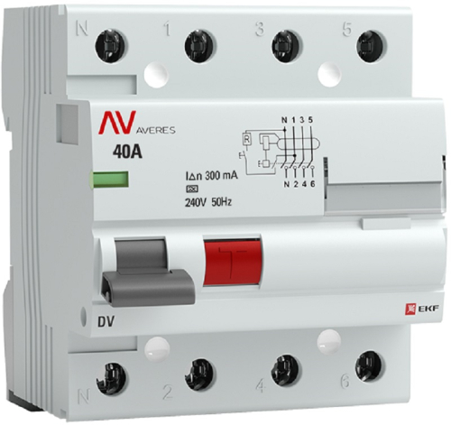 Выключатель дифференциального тока УЗО EKF Averes DV 4п 40А 300мА 10кА тип AC-S картинка