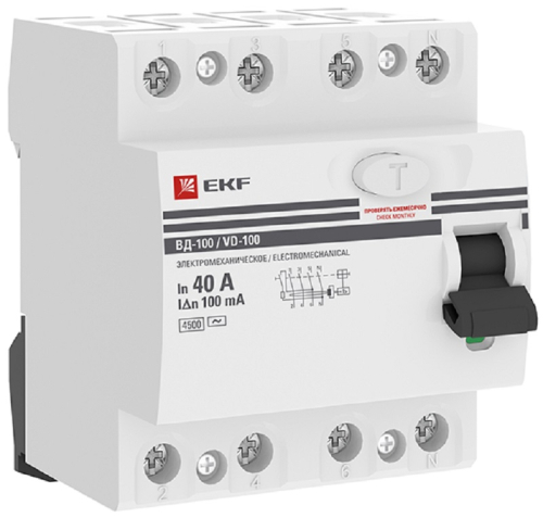Выключатель дифференциального тока УЗО EKF PROxima ВД-100 4п 40А 100мА 4,5,кА тип AC картинка