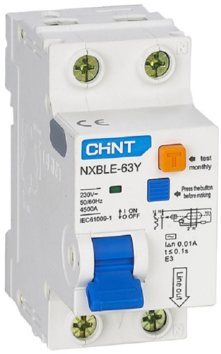 Автомат дифференциального тока АВДТ CHINT NXBLE-63Y 2п (1п+N) 50А 30мА 4.5кА D тип AC картинка
