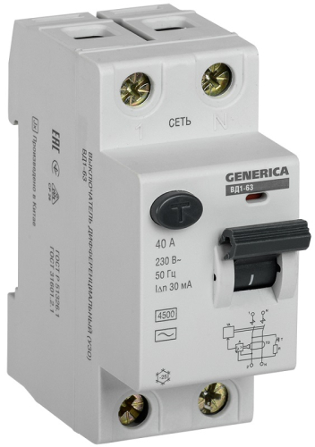 Выключатель дифференциального тока УЗО IEK GENERICA ВД1-63 2п 40А 30мА 4,5,кА тип AC картинка