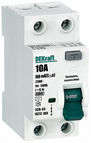 Выключатель дифференциального тока УЗО DeKraft УЗО-03 2п 10А 100мА 6,0кА тип A картинка