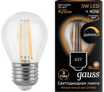 Лампа светодиодная диммируемая Gauss G45 (Филамент) 5Вт Е27 230В 3000К, Gauss, купить, цена, доставка, безопасность Лампа светодиодная диммируемая Gauss G45 (Филамент) 5Вт Е27 230В 3000К Gauss — купить по цене от 425 ₽ | ПрофБезопасность