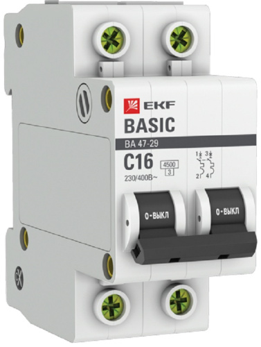 Выключатель автоматический EKF Basic ВА47-29 2п 16А C 4.5кА