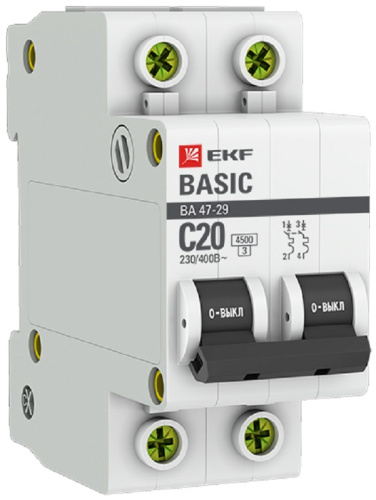 Выключатель автоматический EKF Basic ВА47-29 2п 20А C 4.5кА