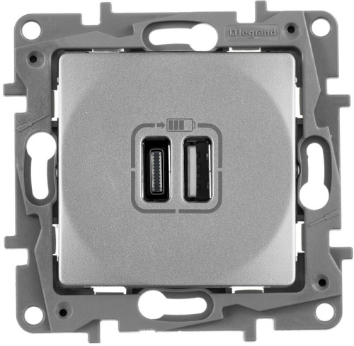 Розетка USB тип А+С без рамки Legrand Etika 2-м. 3000мА алюминий