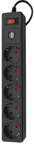 Сетевой фильтр с заземлением Smartbuy 5-м+2USB тип A+A 3,0м 10А 2200В черный
