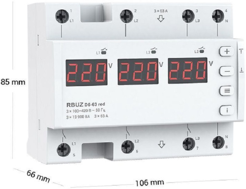 Реле напряжения трехфазное цифровое на DIN-рейку Rbuz D6-63 red многофункциональное 63А 0-400А