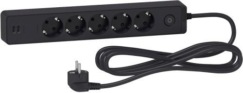 Удлинитель с заземлением с выключателем Schneider Electric 5-м+2USB тип A+A 3,0м 16А 3500Вт черный