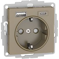 Розетка с заземлением +2xUSB тип A+C без рамки Systeme Electric AtlasDesign 1-м. шампань