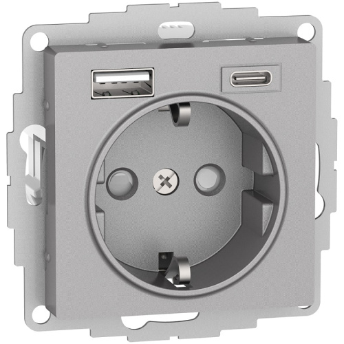 Розетка с заземлением +2xUSB тип A+C без рамки Systeme Electric AtlasDesign 1-м. алюминий