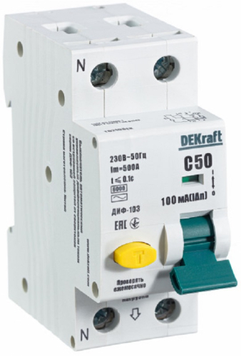 Автомат дифференциального тока АВДТ DEKraft ДИФ-103 2п (1п+N) 50А 100мА 6кА C тип AC картинка