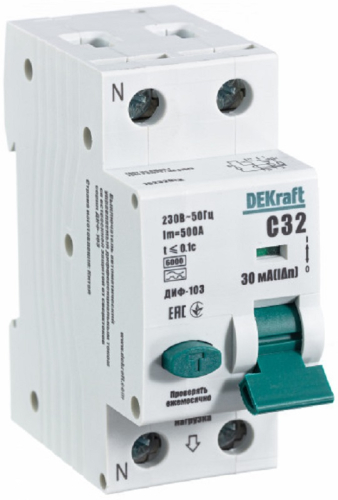 Автомат дифференциального тока АВДТ DEKraft ДИФ-103 2п (1п+N) 32А 30мА 6кА C тип A картинка