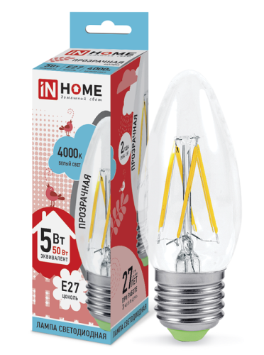 Лампа светодиодная филамент InHome Deco С37 Свеча FR 5Вт 230В Е27 450Лм 4000К  In Home — купить по цене от 110 ₽ | ПрофБезопасность
