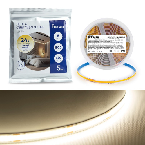 Светодиодная лента 24В Feron COB LS530 320SMD(2110)/м 10Вт/м 3000К IP20 Feron — купить по цене от 2&nbsp;500 ₽ | ПрофБезопасность
