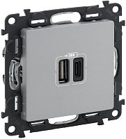 Розетка USB тип A+С без рамки Legrand Valena Life 2-м. 3000мА алюминий