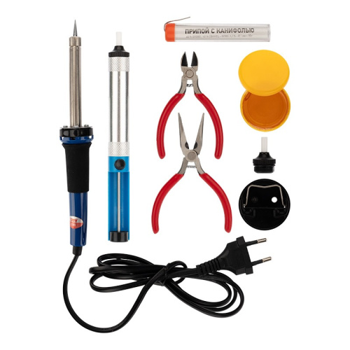 Набор для пайки Rexant (паяльник 30Вт, подставка, канифоль, припой, бокорезы, тонкогубцы)