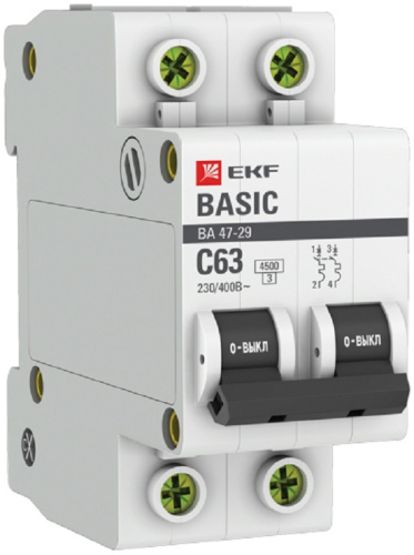 Выключатель автоматический EKF Basic ВА47-29 2п 63А C 4.5кА