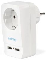 Адаптер с заземлением Smartbuy 1-м+2xUSB тип A+A 2400мА белый