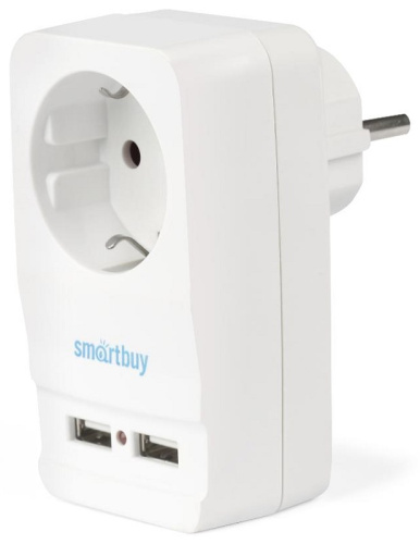 Адаптер с заземлением Smartbuy 1-м+2xUSB тип A+A 2400мА белый