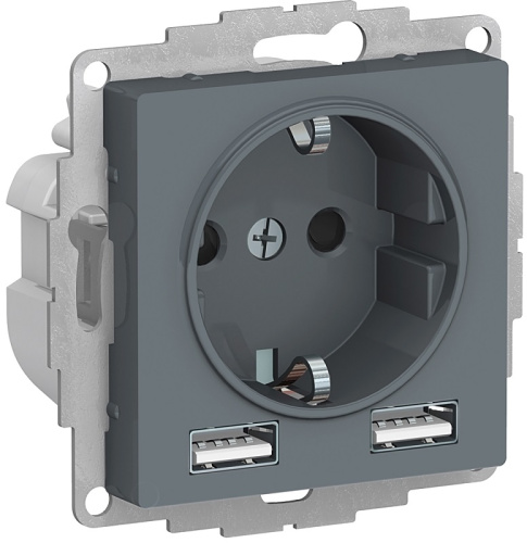 Розетка с заземлением +2xUSB тип A+A без рамки Systeme Electric AtlasDesign 1-м. грифель