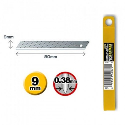 Лезвия 9 мм OLFA OL-ASB-10 сегментированное, 9х80х0,38мм, 10шт Лезвия 9 мм OLFA OL-ASB-10 сегментированное, 9х80х0,38мм, 10шт