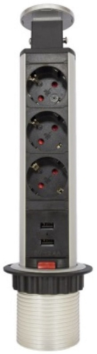 Розетка встраеваемая выдвижная механическая Mebax 105S 3-м.+2xUSB Ø60мм серебро картинка