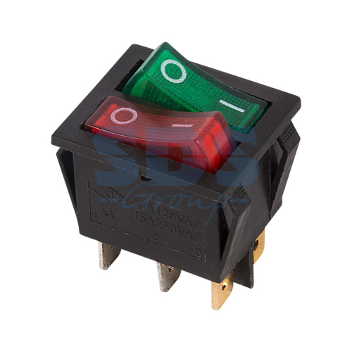 Выключатель клавишный Rexant 250V 15А (6с) ON-OFF красный/зеленый с подсветкой, двойной картинка фото 2