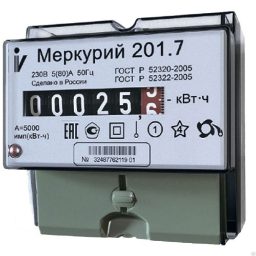 Счетчик электроэнергии 1Ф однотарифный Меркурий 201.7 60/5 Т1 D 230В ОУ фото 2