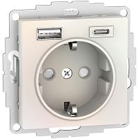 Розетка с заземлением +2xUSB тип A+C без рамки Systeme Electric AtlasDesign 1-м. жемчуг