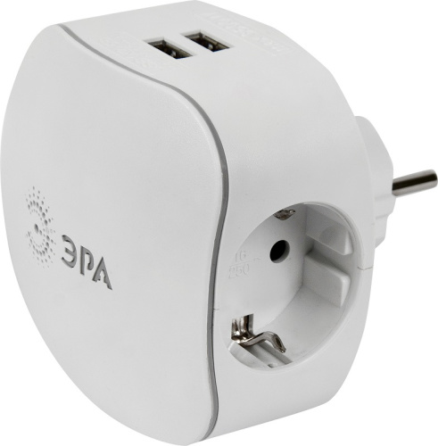 Разветвитель (Тройник) с заземлением ЭРА SP-3e-2USB-2A 3-м+2xUSB тип A+A 2100мА белый