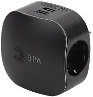 Разветвитель (Тройник) с заземлением ЭРА SP-3e-USB-BLACK 3-м+2xUSB тип A+A 2100мА черный