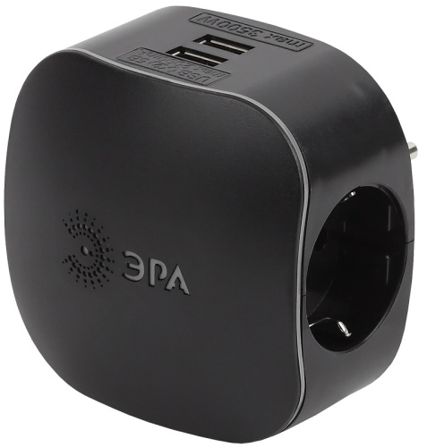 Разветвитель (Тройник) с заземлением ЭРА SP-3e-USB-BLACK 3-м+2xUSB тип A+A 2100мА черный