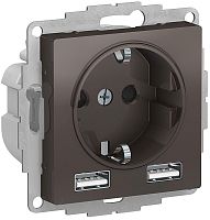 Розетка с заземлением +2xUSB тип A+A без рамки Systeme Electric AtlasDesign 1-м. мокко