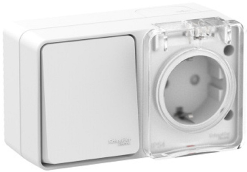 Блок накладной Systeme Electric AtlasDesign Profi54 розетка 1-м.+выключатель 1-кл. IP54 белый