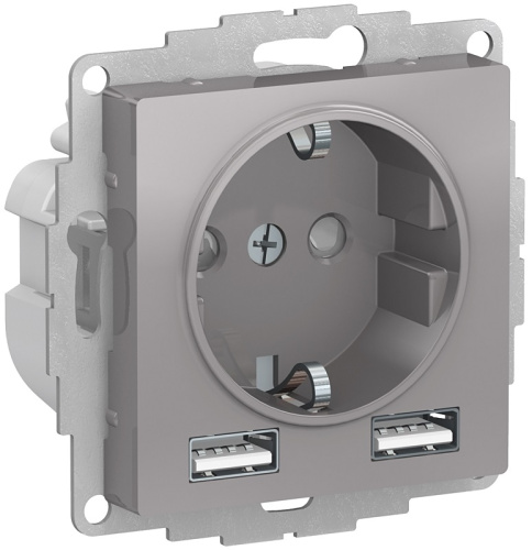 Розетка с заземлением +2xUSB тип A+A без рамки Systeme Electric AtlasDesign 1-м. алюминий