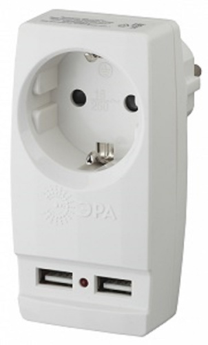 Адаптер с заземлением ЭРА SP-1e-USB-W 1-м+2xUSB тип A+A 2100мА белый