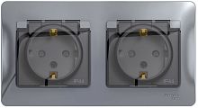 Розетка с заземлением с рамкой Systeme Electric Glossa 2-м. крышка шторки IP44 алюминий