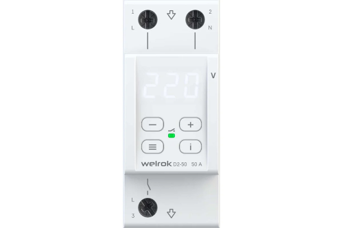 Реле напряжения однофазное цифровое на DIN-рейку WELROK D2-50 White 50А 50-400В