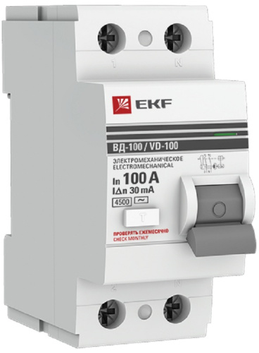 Выключатель дифференциального тока УЗО EKF PROxima ВД-100 2п 100А 30мА 4,5,кА тип AC