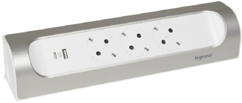 Колодка удлинителя с заземлением угловая Legrand Комфорт 3-м+2xUSB тип A+C 16А 3500Вт бело-алюминий