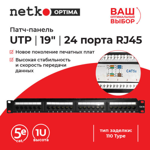 Патч-панель Netko 24 порта Optima SB, 1U, 110 Type, cat5e