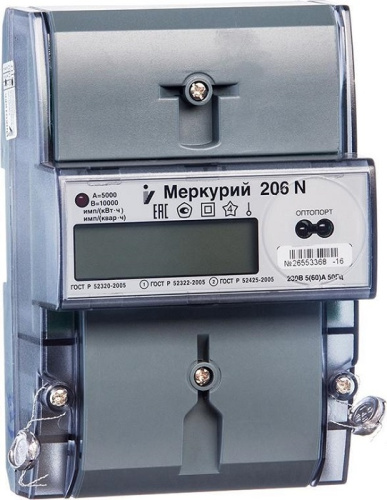 Счетчик электроэнергии 1Ф многотарифный Меркурий 206 RN 60/5 Т1 D 230В ОптоПорт RS485 ЖК фото 2