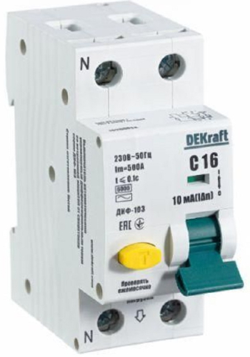 Автомат дифференциального тока АВДТ DEKraft ДИФ-103 2п (1п+N) 16А 10мА 6кА C тип AC картинка