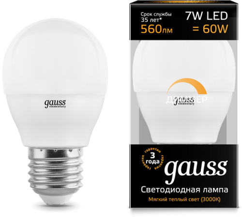 Лампа светодиодная диммируемая Gauss LED Шар-dim E27 7Вт 590lm 3000К Gauss — купить по цене от 500 ₽ | ПрофБезопасность