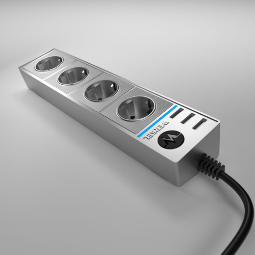 Удлинитель с заземлением Werkel 4-м+3USB тип А 1,7м 16А 3500Вт серебряный/серебряный рифленый